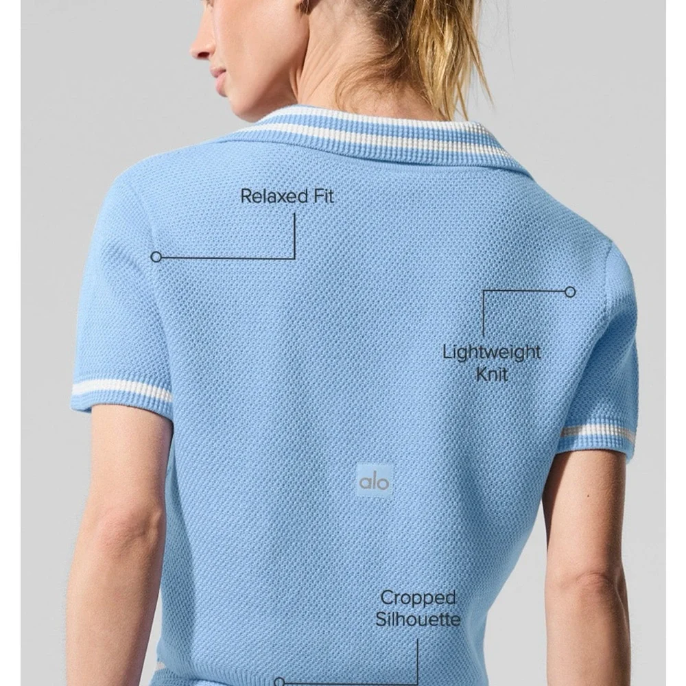 ALO Tennis Club Sweater Knit Cropped Polo - Seashell Blue/White NWT! 🐚 - Picture 7 of 11